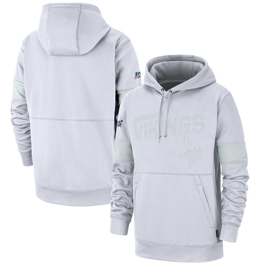 Men's Minnesota Vikings White 2019 100th Season Sideline Platinum Therma Pullover Hoodie Men's Minnesota Vikings White 2019 100th Season Sideline Platinum Therma Pullover Hoodie